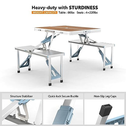 VINGLI 4 Ft Camping Picnic Table Set with 4 Seats with Umbrella Hole Folding Lightweight Suitcase Card Table-220 Lbs Support Aluminum Frame, Plastic RV Tabletop for Barbecue,Travel,Outing,Gathering - color: Natural