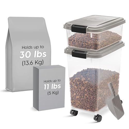 IRIS USA 30 lbs & 11 lbs Combo Airtight Dog Food Storage Container, Stackable Treat Box, 2-Cup Scoop, Wheels, Keep Fresh, Easy Mobility, Chrome - color: Chrome