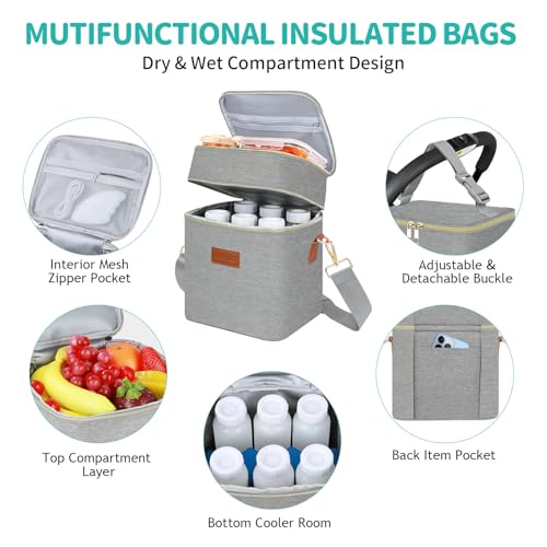 PIIOSER Breastmilk Cooler Bag with Ice Pack Fits 6 Baby Bottles Up to 9 Ounce, Insulated Baby Bottle Tote Bags, Double Layer Waterproof Leak-Proof with Shoulder Strap for Nursing & Working Mom (Grey) - color: Grey