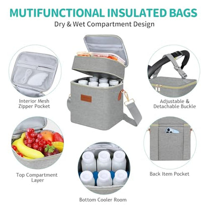 PIIOSER Breastmilk Cooler Bag with Ice Pack Fits 6 Baby Bottles Up to 9 Ounce, Insulated Baby Bottle Tote Bags, Double Layer Waterproof Leak-Proof with Shoulder Strap for Nursing & Working Mom (Grey) - color: Grey