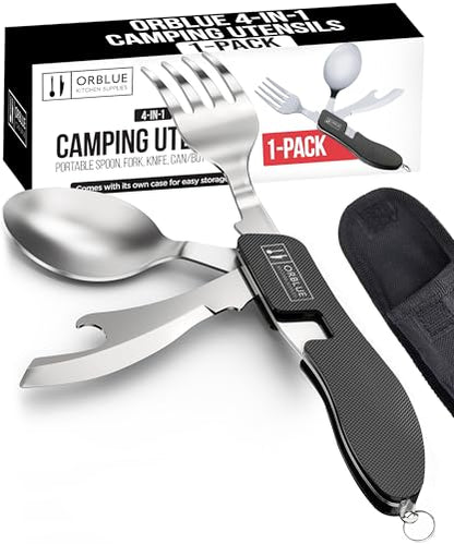 Orblue 4-in-1 Camping Utensils, 1-Pack, Portable Stainless Steel Spoon, Fork, Knife & Bottle Opener Combo Set - Travel, Backpacking Cutlery Multitool, Black - color: 1-PACK Boundless Black