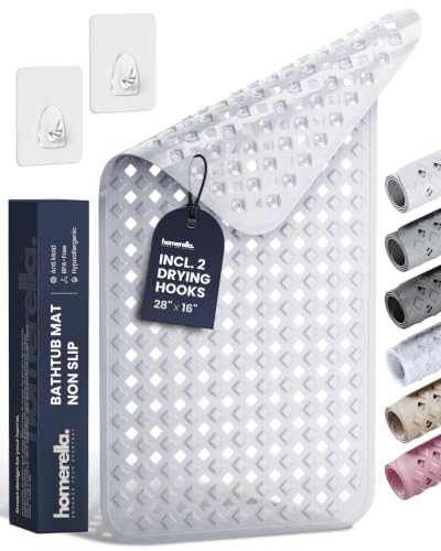 Bathtub Mat Non Slip 28x16 - homerella® Bath Mat Incl. Hooks for Drying, 100% BPA Free, Shower Mat Non Slip Anti Mold, Machine Washable, Shower Mats for Inside Shower Mildew Resistant (Clear) - color: Clear, size: 27.6" x 15.7" (Rectangular)
