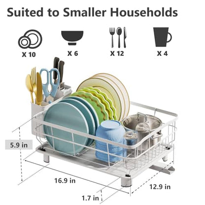 AIDERLY Auto Drain Metal Dish Drying Rack Dish Drainers, All White | with Draining Tray, Strainer, for Kitchen Counter, Sink - color: White