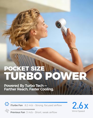 Diveblues Mini Handheld Fan, 30ft/s Portable Turbo Fan [12H Max Cooling], 4000mAh Personal Fan with LED Display, 3-in-1 Hand Held/Neck/Desk Fan for Travel, Cruise, Disney Essentials - color: Pearl White
