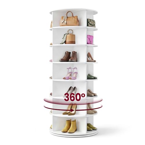 VASAGLE 7-Tier Rotating Shoe Rack Tower, Free Standing 360 Degree Spinning Shoe Organizer, Lazy Susan Bag Display Storage Rack, for Corners, Closets, Small Spaces, White ULBS047WZ01 - color: White