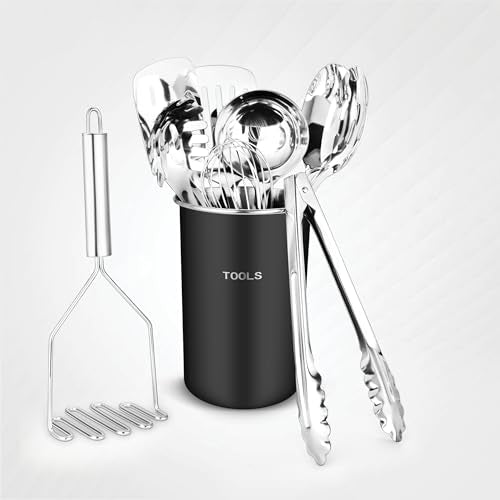 Avador® Premium Set of 10 Stainless Steel (BLACK HOLDER) Kitchen Tool Set with Holder Easy To Clean, Space Saving, Great for Cooking, Baking, Prepping (BLACK) - color: Black