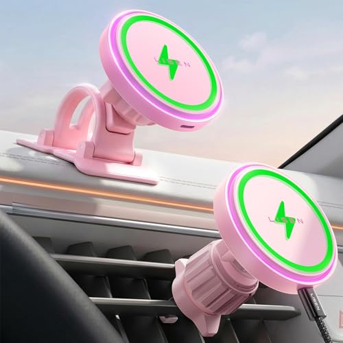 LISEN 15W MagSafe Car Mount Charger,[Light Pink] Magnetic Wireless Car Charger, Dashboard & Air Vent Car Phone Mounts, Car Phone Holder for iPhone 17-12, Samsung, Pixel, Cute Car Accessories for Women | [Light Pink & Purple LED light] Magsafe Car Mount Ch