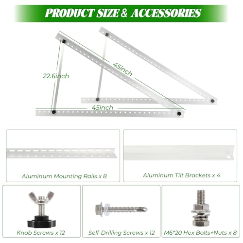 2 Sets Solar Panel Mount Brackets, 45inch Solar Panel Stands for Ground Roof RV Boat Off-Grid Camper, 0 to 90° Adjustable Photovoltaics Mounting Kit with Foldable Tilt Legs, for 2-4pcs 150-600 Watt - size: 45in-2 set