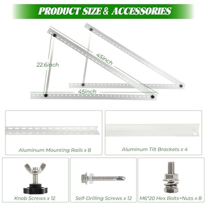 2 Sets Solar Panel Mount Brackets, 45inch Solar Panel Stands for Ground Roof RV Boat Off-Grid Camper, 0 to 90° Adjustable Photovoltaics Mounting Kit with Foldable Tilt Legs, for 2-4pcs 150-600 Watt - size: 45in-2 set