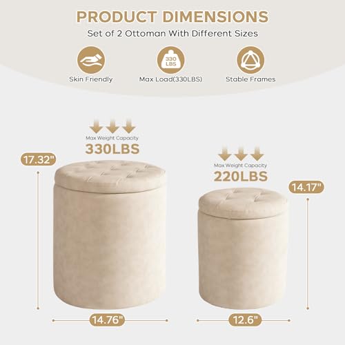 oakvivo Faux Leather Round Ottoman with Storage 12.6" W x 14.17" H & 14.76" W x 17.32" H Set of 2, Small Boucle Coffee Table Footstool with Removable Lid for Living Room, Bedroom, Beige - color: Beige