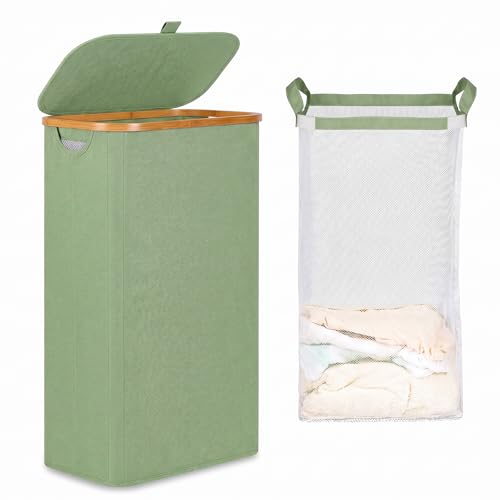 iEGrow 65L Slim Laundry Hamper, Narrow Laundry Basket with Lid,Foldable Clothes Hamper with Bamboo Frame,Hamper Basket with Removable Inner Bag for Laundry Room Bedroom College Dorm,17.17 Gals Green - color: Green, size: 65L