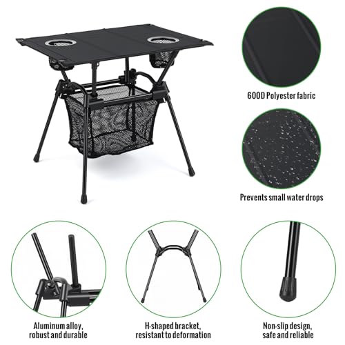 GARLLEN Folding Camping Table, Ultralight Compact Beach Table with Fabric Tabletop, Portable Folding Picnic Table with Cup Holder & Storage Net for Sand, Camping, Outdoor, 23.2“L x 15.7”W