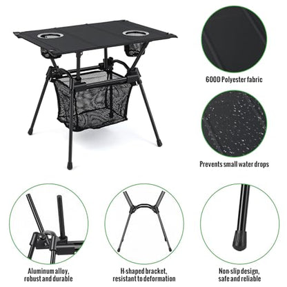 GARLLEN Folding Camping Table, Ultralight Compact Beach Table with Fabric Tabletop, Portable Folding Picnic Table with Cup Holder & Storage Net for Sand, Camping, Outdoor, 23.2“L x 15.7”W