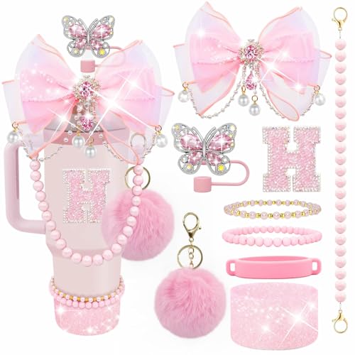 Letter Stickers Bling Accessories Set for Stanley 40/30/20 oz Tumbler: Bow Straw Topper, Charms, Butterfly Cap, Pearl Strap, Silicone Boot, Accessories for Stanley Quencher H2.0 - color: Pink Peony, style: H