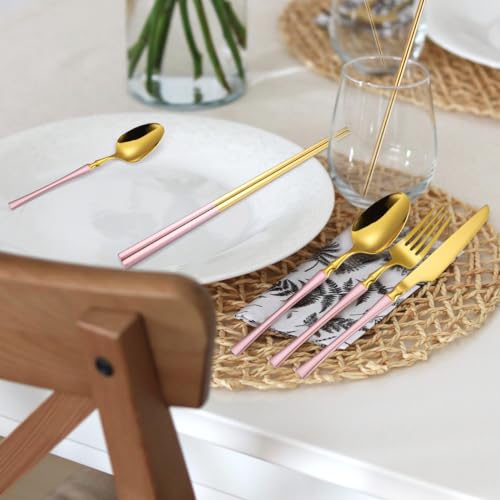 AARAINBOW 7 Pieces Stainless Steel Flatware Set Portable Reusable Cutlery Set Travel Utensils Set Including Chopsticks Knife Fork Spoon Straws Cleaning Brush Dishwasher Safe (B-Pink Golden) - color: B-Pink Golden