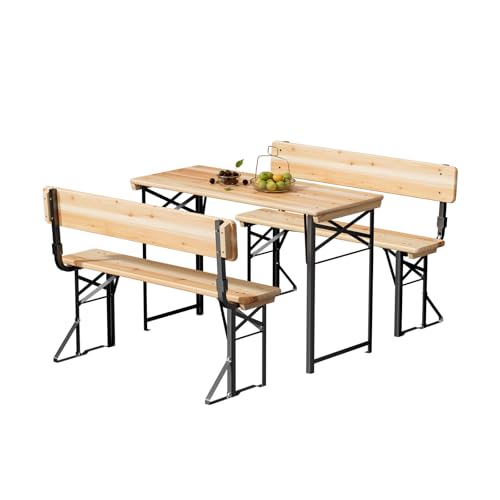 VINGLI 45 Inch Folding Picnic Tables and Chair Set with Backrest Bench, Weather-Resistant Wooden Beer Garden Table Bench, 3-Piece Portable Fold Up Camping BBQ Table,Natural Wood Color - color: Natural Wood Color, size: 4FT with Backrest