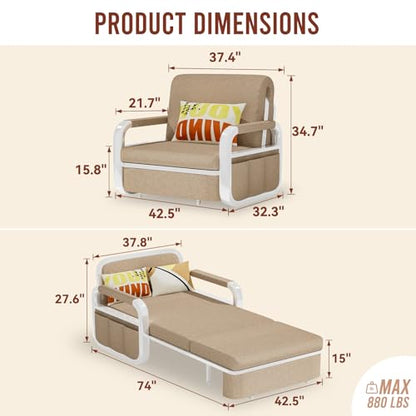 42.5" Pull Out Sofa Bed, 3 in 1 Convertible Sleeper Sofa, Single Loveseat Couch Bed with Storage, Trundle and 2 Pillows for Living Room, Bedroom, Dorm, Office, RV (Saddle Tan) - size: 40"- Single