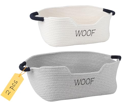 2 pack Dog Toy Baskets ,Pet Rope Basket for Dog Cat Toys,Dog Toy Bin with Handles,Woof Puppy Toy Storage Basket,Puppy Bed,Dog Stuff Organizer for Toys,Collar,Leash,Nursing Supplies-Beige+Gray - color: Beige+Gray