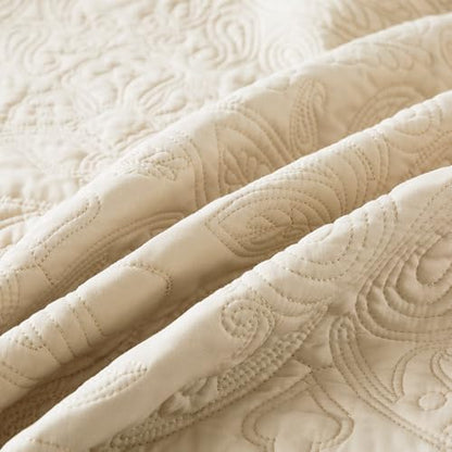 HoneiLife Quilt Set Queen Size - 3 Piece Embroidered Microfiber Bedspread Reversible Coverlet Lightweight Bedcover Paisley Pattern Bedding Set All Season Quilts-Khaki - color: Khaki, size: Queen/Full-90"x96"