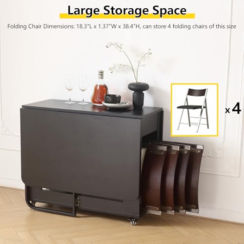 Folding Dining Room Table with Two Drawers for 4/6 with Space Saving Drop Leaf Table,Lockable Wheels & Storage, Heavy Duty Plywood Top 300lb, Convertible Desk for Apartments/RV/Home Office - color: Black-1