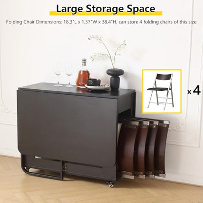 Folding Dining Room Table with Two Drawers for 4/6 with Space Saving Drop Leaf Table,Lockable Wheels & Storage, Heavy Duty Plywood Top 300lb, Convertible Desk for Apartments/RV/Home Office - color: Black-1