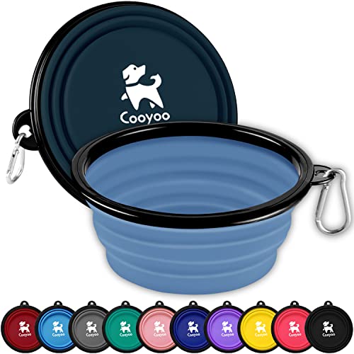 COOYOO Collapsible Dog Bowl,2 Pack Collapsible Dog Water Bowls for Cats Dogs,Portable Pet Feeding Watering Dish for Walking Parking Traveling with 2 Carabiners - color: 03#Blue Haze+Dark Blue, size: Large