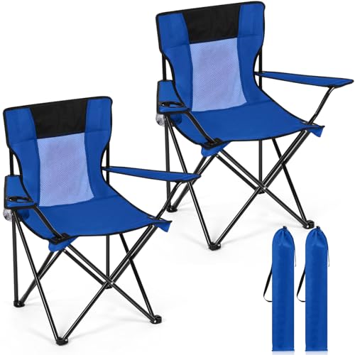 Shellwei 2 PCS Folding Camping Chair with Cupholder and Carry Bag Regular Size Colorful Breathable Portable Lightweight Lawn Chair with Side Pocket for Fishing Hiking Beach Outdoor Activity - color: Blue