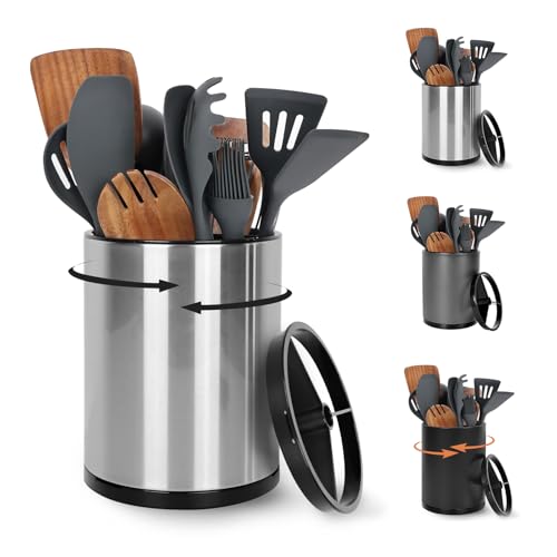 Nigelia Extra Large Kitchen Utensil Holder, 360° Rotating Stainless Steel Cooking Utensil Holder for Countertop, 3 Compartment Flatware Organizer & Cooking Caddy with Removable Base（Silvery） - color: Silvery, size: Large