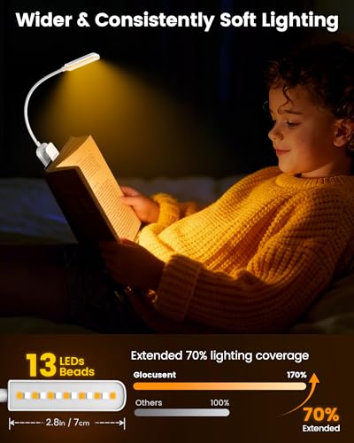 Glocusent 13 LED Rechargeable Book Light for Reading at Night, Eye-Caring 3 Amber Colors & Stepless Dimming, Lasts 1 Week to 2 Months, Travel Clip on Lamp, Gifts for Book Lovers, Men, Women & Kids - color: White