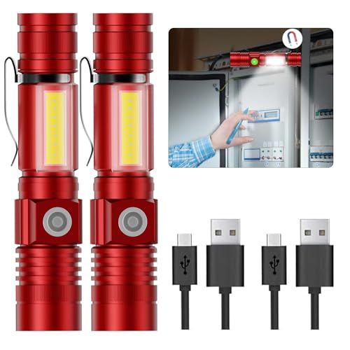Hoxida Flashlight USB Rechargeable, Magnetic LED Flashlight, Super Bright LED Tactical Flashlight with Cob Sidelight, Waterproof, Zoomable Best Small LED Flashlight for Camping, Emergency -Red - color: Red