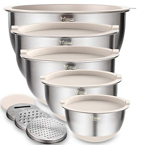 Wildone Mixing Bowls with Airtight Lids Set, 5PCS Stainless Steel Khaki Nesting Bowls for Kitchen, with Grater Attachments & Non-Slip Bottoms, Size 5, 3, 2, 1.5, 0.63 QT, Great for Mixing & Serving - color: Khaki