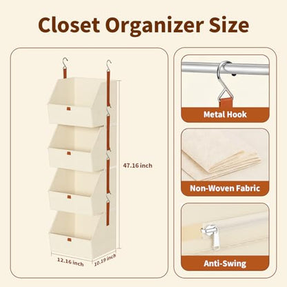 Hanging Closet Organizer 4 Tier, Clothes Hanging Shelves with Foldable Storage Baskets, Space-Saving Closet System for Bedroom, Home, Dorm, RV, Hat, Bags, Shoes
