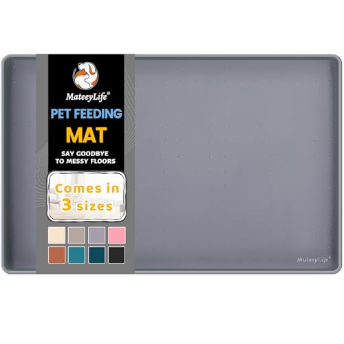 MateeyLife Silicone Cat & Dog Food Mat for Floors Waterproof, Anti-Slip Dog Bowl Mats for Food and Water, Pet Feeding Mats with Lip to Prevent Spills, Pet Placemat for Messy Drinkers to Protect Floors - color: Gray, size: 18''×12''