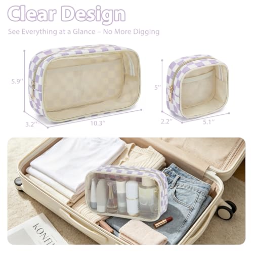 Fammart Clear Travel Makeup Bag for Women, TSA Approved Checkered Cosmetic Bag Make Up Car Organizer Case with Zipper, Large Waterproof Pouch Purse Toiletry Bag for Skincare, Brushes Travel Essentials - color: Clear, 2PCS - Purple Checkered
