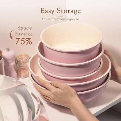 Astercook 21 Pcs Pots and Pans Set Non Stick, Ceramic Cookware Set Detachable Handle, RV Kitchen Cooking Set Removable Handles, Oven Safe, Induction Ready, Stackable, Pink, Fathers Day Gift for Men - color: Pink, size: 21 Piece