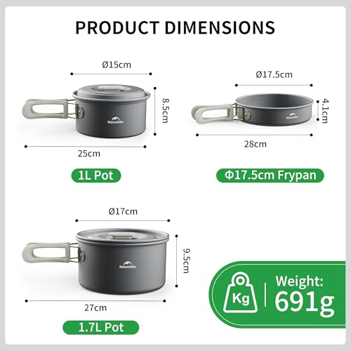 Naturehike Camping Cookware Set Mess Kit for Backpacking Gear, Camp Cooking Set, Camping Pots and Pans Set for Outdoor Backpacking Camping Hiking Picnic - color: 1.7L pot+7'' frying pan+1L pot