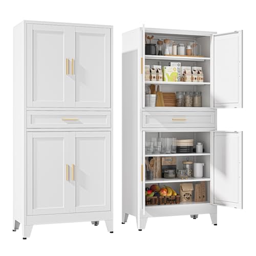 YAUWOH 71''Tall Kitchen Pantry Cabinet with Drawer,6-Tiers Metal Pantry Storage Cabinet with 4 Adjustable Shelves and 4 Barn Doors, Freestanding Farmhouse Food Cupboard for Dining Room (1PC,White) - color: White, size: 71"H-4 Doors 1 Drawer