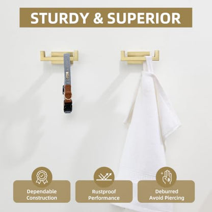 Angle Simple Double Towel Hook, SUS304 Stainless Steel Hand Towel Holder, Bathroom Robe Coat Hook for Wall, Brushed Gold, 2 Pack - color: Brushed Gold, size: 2 Pack