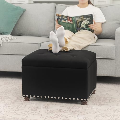 Joveco Storage Ottoman Bench, Rectangle 24″ Linen Foot Rest Stool Square Footstool for Living Room, Bedroom, Black - color: Line Black