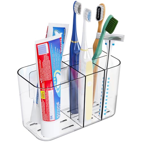Electric Toothbrush Holder for Bathroom Countertop and Wall Mounted with Adhesive,5 Slots Family Size Clear Tooth Brush and Paste Holder & Stand,Cute Kids Tooth Rush Holders and Toothpaste Organizer - color: Clear
