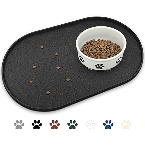 KPWACD Pet Feeding Mat for Dogs and Cats, Silicone Dog Placemat Non-Slip Waterproof Bowl Mats Prevent Food and Water Overflow, High-Lips Puppy Dish Tray Mat Suitable for Large Medium Small Pets, Black - color: Black, size: 19"L x 12"W