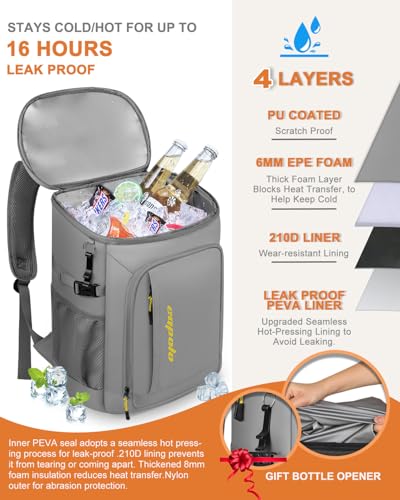 Capolo 36/45 Cans Cooler Backpack Insulated Waterproof for Women Men Lunch Backpack Coolers Leak Proof Soft Cooler Bags - color: Leather Gray With Yellow, size: 36 Cans