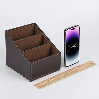 I-MART PU Leather Remote Control Holder Organizer with 3 Compartments, Stylish TV Remote Holder Caddy for Desk Nightstand Coffee Table and Media Accessory Storage (Brown)