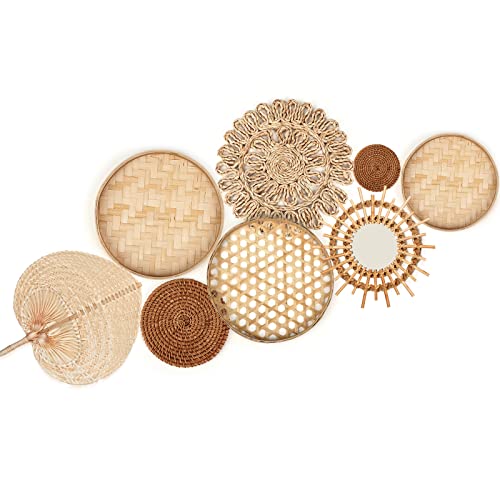 Unittype Wall Basket Decor Set of 8 Boho Wicker Wall Handmade Decor with Rattan Mirror Farmhouse Woven Hanging Basket for Bathroom Bedroom Living Room