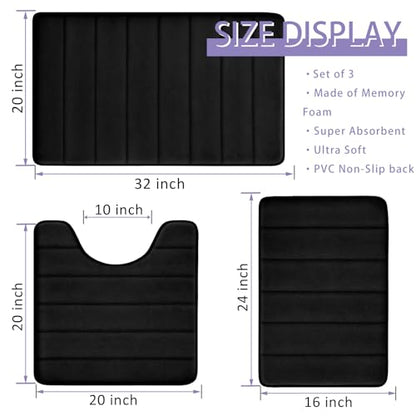 Bathroom Rugs Set Memory Foam Bath Rugs Non-Slip Bath Mat Set 3 Piece,Washable Bathroom Mats,Absorbent Shaggy Rugs Super Soft U-Shaped Toilet Rug,Bahroom Carpets for Bathroom,Tub,Shower（Black） - color: Black