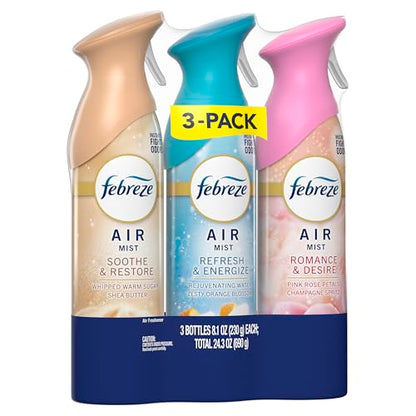 Febreze Air Mist, Air Freshener, Odor Fighting Room Spray, Deodorizer for Home Bathroom Kitchen Office Apartment, Soothe & Restore, Refresh & Energize, Romance & Desire Variety Pack, 8.1oz (Pack of 3) - style: Mood Mix Pack
