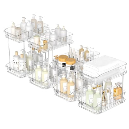 incostar 2 Tier Pull-Out Storage Organizer for Bathroom and Kitchen, Under Sink Organizer with Dividers, Ideal for Organizing Cupboard,Bathroom Vanities,Cabinet, Slide-Out Clear Storage, 4 Pack - style: 4 Pack 2Tier