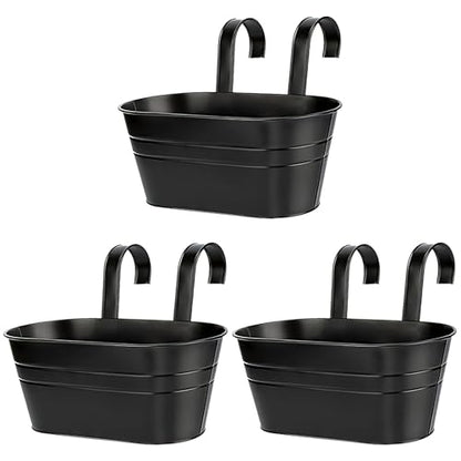 10.6 Inch 3 Pack Long Slot Wrought Iron Hanging Flower Pots Small Metal Hanging Flower Basket with Removable Hooks and Drainage Holes Suitable for Porch Railing Balcony Fence Garden (HS)