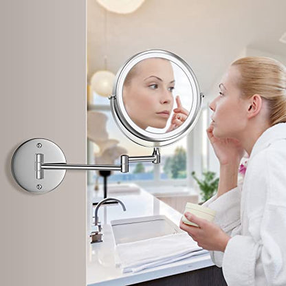 Rocollos Rechargeable Wall Mounted Lighted Makeup Mirror Chrome, 8 Inch Double-Sided LED Vanity Mirror 1X/10X Magnification,3 Color Lights Touch Screen Dimmable 360°Swivel 13 Inch Extendable - color: 8 Inch Chrome