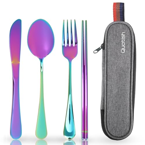 Travel Utensils with Case, Quatish Portable Silverware Set for Work, Stainless Steel Reusable Travel Cutlery Set, Fork and Spoon Set for Camping, Picnic, Gadgets, Lunch Box for Men, Rainbow - color: Rainbow